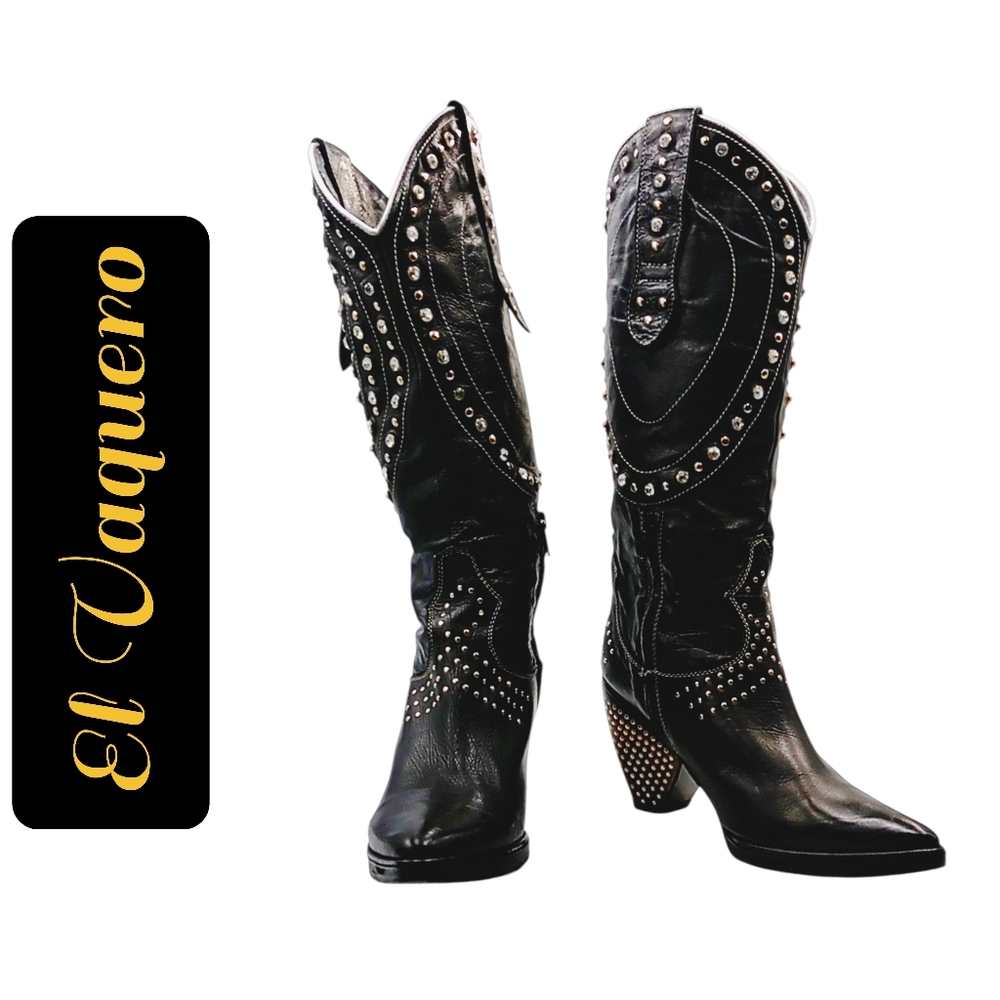El Vaquero Valerio Giuntoli Black Studded Italian Leather Boots – Handcrafted